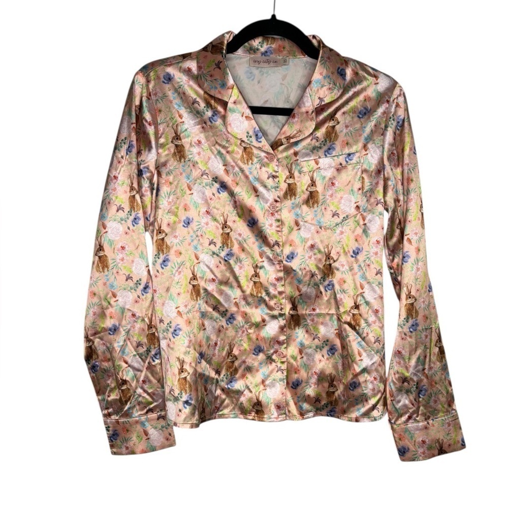 Ivy City Co. Bunny Satin Pink Floral Pajama Top Size XS